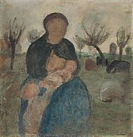 Mother with baby at her breast, and child in landscape, 1905, modersohnbecker