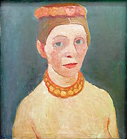Self portrait with red flower wreath and chain, 1907, modersohnbecker