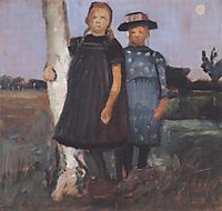 Two girls standing on the birch trunk, c.1902, modersohnbecker
