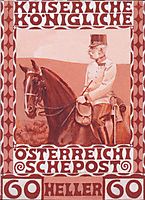 Design of the anniversary stamp with Austrian Franz Joseph I. on horseback, 1908, moser