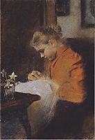 Leopoldine Steindl-Moser, eine Schwester des Künstlers, nähend, c.1895, moser