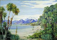 View of Mount Earnshaw from the Island in Lake Wakatipe, New Zealand, 1880, north