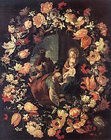 Adoración de los Magos en una guirnalda de flores, 1654, nuzzi