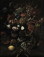 Various flowers in a glass vase with blue grapes, peaches and a lemon, all on a ledge, nuzzi
