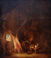 A Barn Interior with a Slaughtered Pig, Children Playing Beyond , 1645, ostadeisaac
