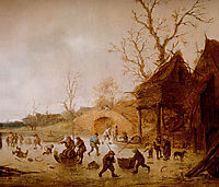 A Winter Landscape with Skaters, Children Playing Kolf and Figures with Sledges on the Ice near a Bridge, ostadeisaac