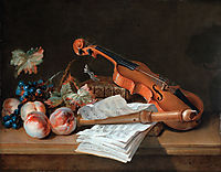 Still Life with a Violin, a Recorder, Books, a Portfolio of Sheet of Music, Peaches and Grapes on a Table Top, oudry