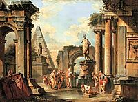 A capriccio of classical ruins with Diogenes throwing away his cup, 1729, panini