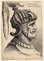 Helmet with long plume and chin strap, parmigianino