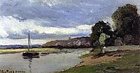 Banks of a River with Barge, c.1864, pissarro