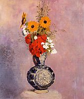 Bouquet of Flowers in a Blue Vase, redon