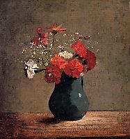 Carnations and baby-s breath in a green pitcher, redon
