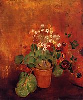 Flowers in a Pot on a Red Background, redon