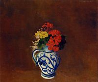 Geraniums and other Flowers in a Stoneware Vase , redon