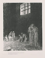 In the shadow people are weeping and praying, surrounded by others who are exhorting them (plate 6) , 1896, redon