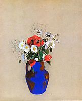 Poppies and Daisies in a Blue Vase, redon