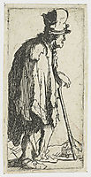 Beggar with a crippled hand leaning on a stick, rembrandt