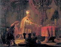 Daniel and King Cyrus in front of the Idol of Bel, 1633, rembrandt
