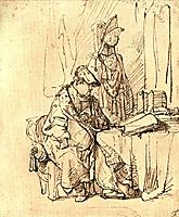 A Man Seated at a Table Covered with Books, 1636, rembrandt