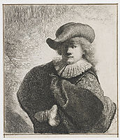Self-portrait in a soft hat and embroidered cloak, 1631, rembrandt