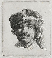Self-portrait wearing a soft cap full face, head only, 1634, rembrandt