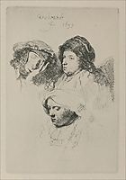 Three female heads with one sleeping, rembrandt