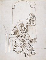 Three Women and a Child at the Door, 1645, rembrandt