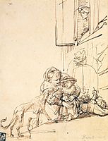 A Woman with a Child Frightened by a Dog, 1636, rembrandt