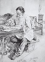 Leo Tolstoy working at the round table, 1891, repin