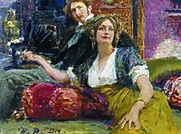 Portrait of poet, prose writer, translator and dramatist Sergei Mitrofanovich Gorodetsky with his wife, 1914, repin