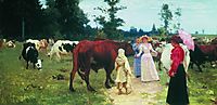 Young ladys walk among herd of cow, repin