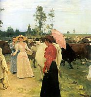 Young ladys walk among herd of cow, 1896, repin