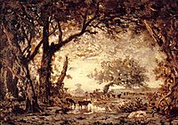Edge of the Forest at Fontainebleau, Setting Sun, 1850, rousseautheodore
