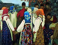 A Young Man Breaking into the Girls Dance, and the Old Women are in Panic, 1902, ryabushkin