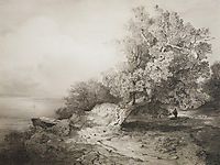 Old oak tree at the cliff above the river, 1857, savrasov