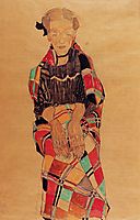 Girl in Black Pinafore, Wrapped in Plaid blanket, 1910, schiele