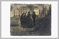 Group of figures in front of a house and some trees, seurat