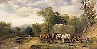 Carthorses and Rustics by a Stream , 1840, shayer