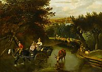 A Wooded Landscape with Peasants in a Horse-Drawn Cart Travelling Down a Flooded Road, siberechts