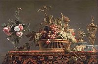 Grapes in a basket and roses in a vase, snyders