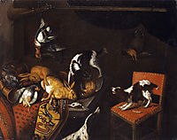 Still Life with dead hares and birds, armchair, hounds, hunting gun , snyders