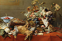 Still Life with Fruit, Dead Game, Vegetables, a Live Monkey, Squirrel and Cat , snyders