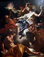 Aurora, Roman Goddess of the Dawn, Bids Goodbye to Her Lover Tithonus. Aurora is about to Illuminate the Darkness of Night, 1704, solimena