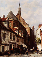 A Busy Street In Bremen With The Saint Johann Church In The Background, 1864, springer