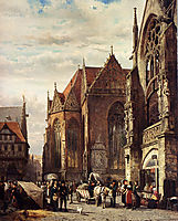 Many Figures On The Market Square In Front Of The Martinikirche, Braunschweig, 1874, springer