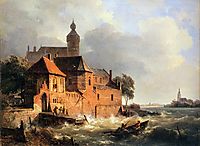 Men in boat at choppy sea, springer