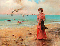 Young woman with the red umbrella by the sea, c.1885, stevens