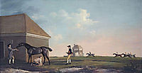 Gimcrack on Newmarket Heath, with a Trainer, a Stable lad,  and a Jockey, 1765, stubbs