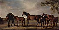 Mares and foals are anxious before a looming storm, 1765, stubbs
