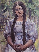 A girl with braids. Portrait of A. A. Dobrinskaya., 1910, surikov